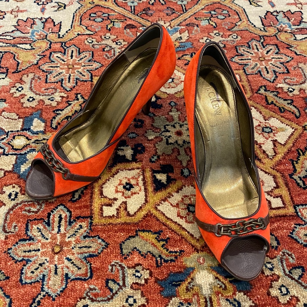 J. Crew Red Suede Peep Toe Heels